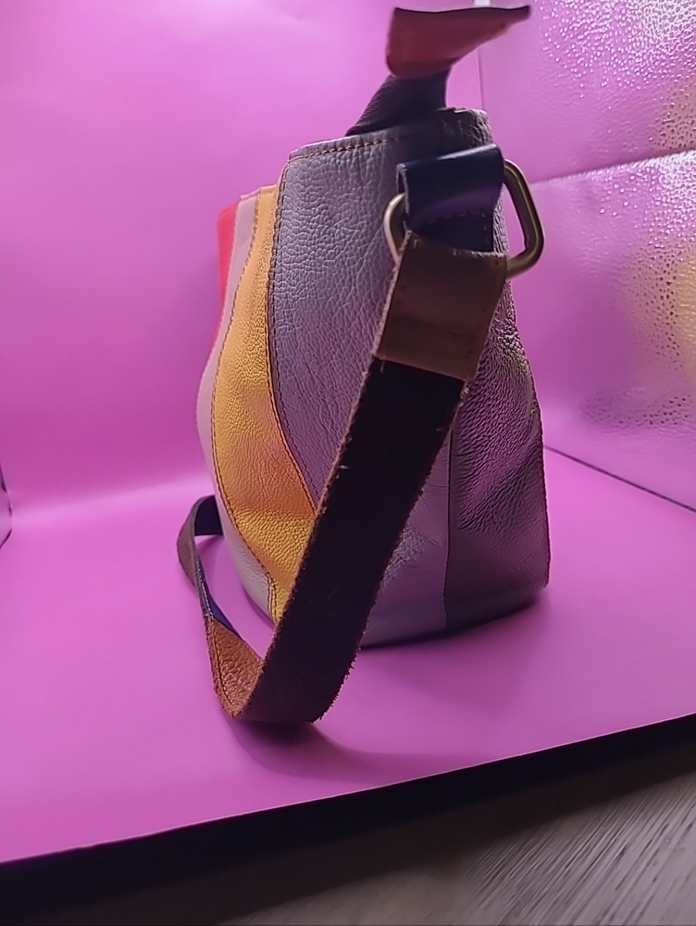 Amerileather Multicolor Panel Leather Crossbody Bag - Colorblock Red, Lavender - Picture 9 of 16